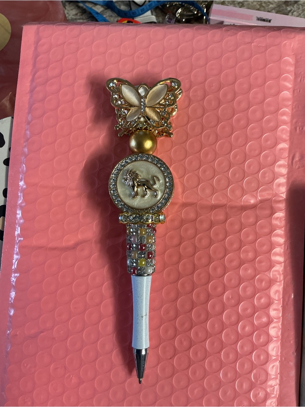 Gold Butterfly Lion Accent Crystal Ballpoint Pen - White